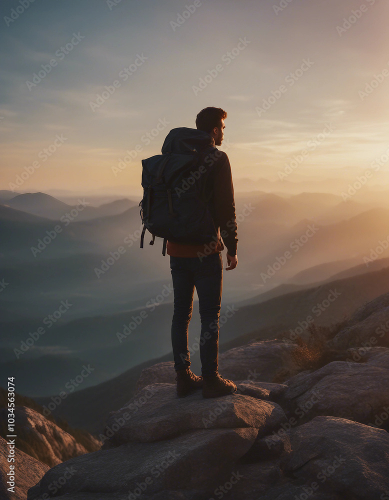 Fototapeta premium Silhouette of man with backpack on rocky mountain peak, watching sunset, back view.