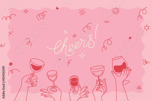 Vector simple minimal linear style illustration with cartoon hands holding wine glasses, celebration and party vibe, invitation design element, banner, template