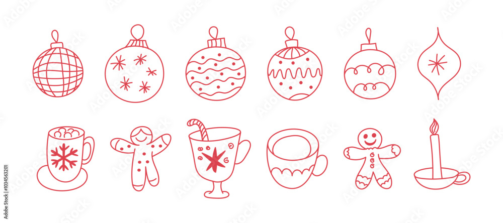 © venimo - Vector whimsical christmas line illustrations, merry christmas and festive vibes,  line shapes and forms, icons and design elements in line style