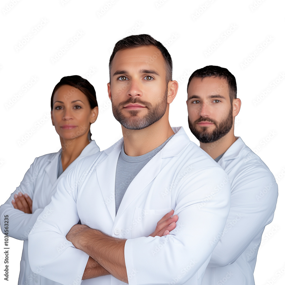 Confident medical professionals in lab coats on transparent background Confident medical professionals in lab coats on transparent background