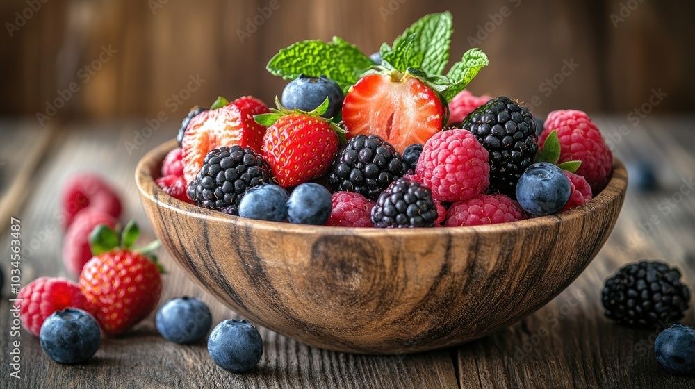 Fresh Assorted Berries in a Wooden Bowl Fresh Assorted Berries in a Wooden Bowl