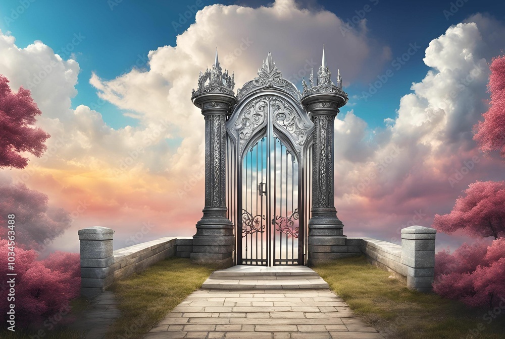 Obraz premium Gateway to heaven abstract art with fantasy landscape, blue sky with clouds