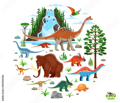 Prehistoric cartoon dinosaurs, Jurassic park lizards and ice age animals, vector characters. Prehistoric mammoth and dino pelarosaurus, styracosaurus and elaphorosaurus with glyptodon with tapejara