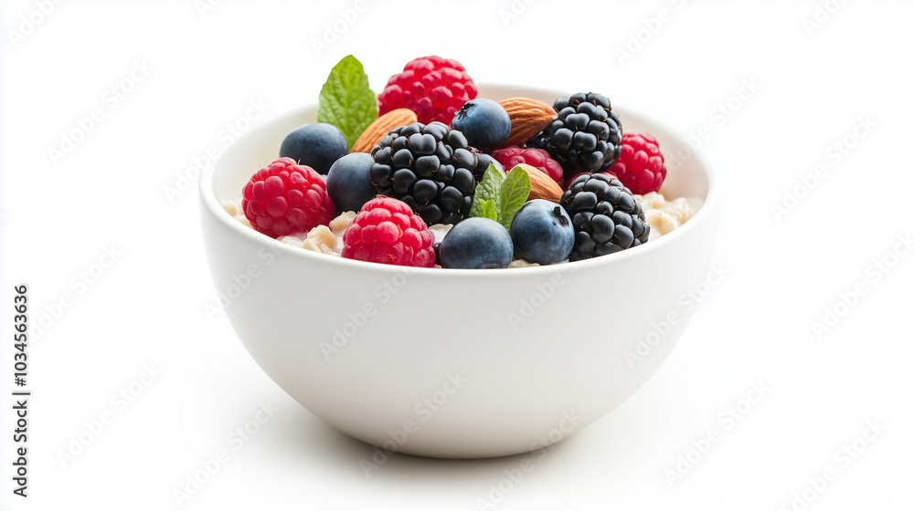 delicious bowl of oatmeal topped with fresh berries, including raspberries, blueberries, and blackberries, garnished with mint leaves and almonds. delicious bowl of oatmeal topped with fresh berries, including raspberries, blueberries, and blackberries, garnished with mint leaves and almonds.
