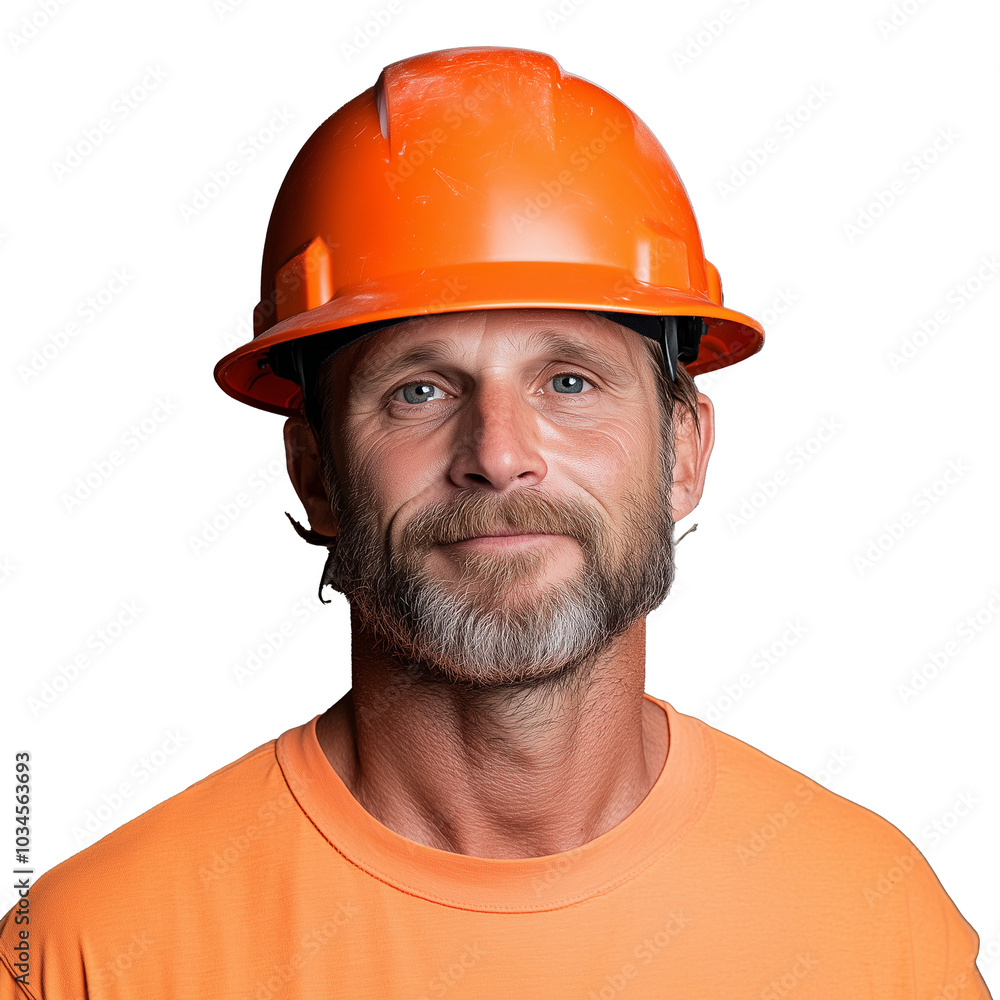 Confident construction worker with orange hard hat on transparent background Confident construction worker with orange hard hat on transparent background