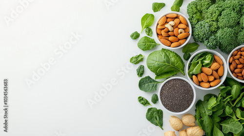 Wallpaper Mural Fresh greens and nuts arranged beautifully on light background, showcasing variety of healthy ingredients like spinach, almonds, and broccoli. Torontodigital.ca