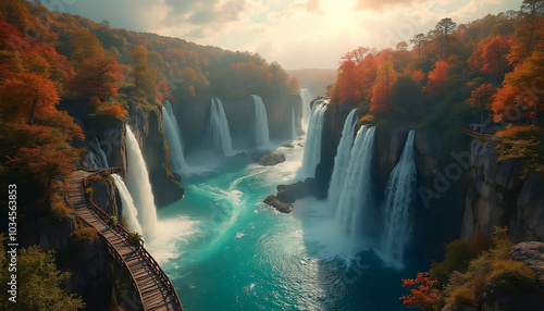 View of the Plitvice Lakes National Park in Croatia during an autumn day