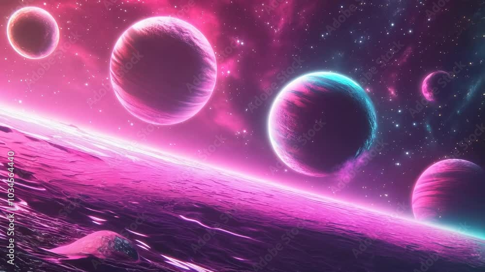 The background consists of neon lights, colorful planets, and meteor streaks in a cosmic theme with neon lights. Video
