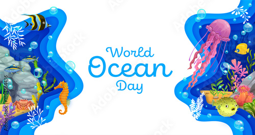 World ocean day paper cut banner with underwater landscape and cartoon sea animals. 3d vector environmental and conservation papercut awareness with marine creatures like fish, seahorse and jellyfish