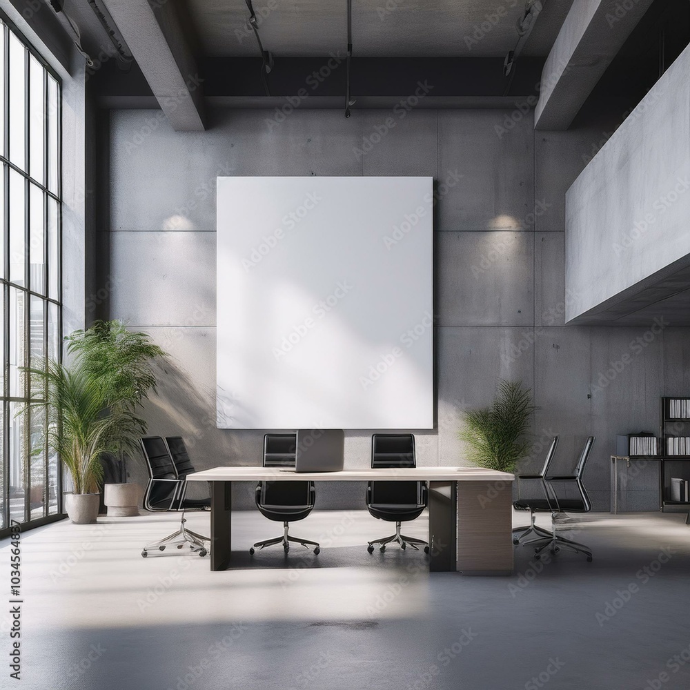 A modern office with a large blank white poster on a concrete wall, light spacious interior, a concept of advertising space. 3D Rendering A modern office with a large blank white poster on a concrete wall, light spacious interior, a concept of advertising space. 3D Rendering