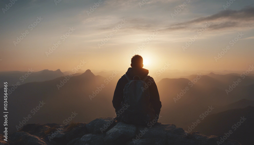 Silhouette of man with backpack on rocky mountain peak, watching sunset, back view.
Silhouette of man with backpack on rocky mountain peak, watching sunset, back view.