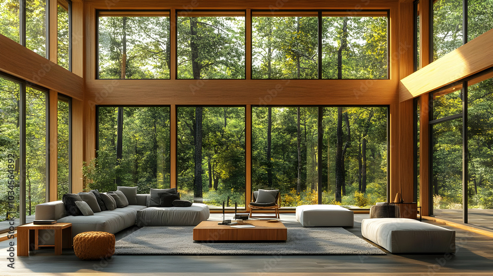 Modern Living Room With Floor-To-Ceiling Windows And Forest View Illustration Modern Living Room With Floor-To-Ceiling Windows And Forest View Illustration