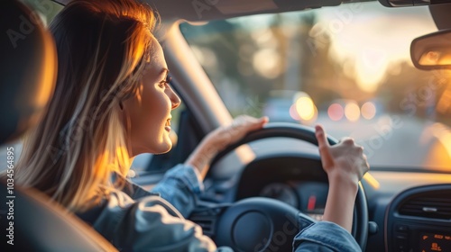 Confident Woman Driver Gripping Steering Wheel in Car photo