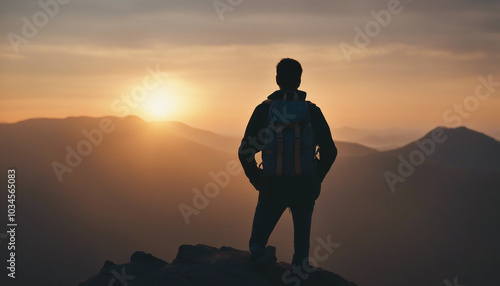 Silhouette of man with backpack on rocky mountain peak, watching sunset, back view.






 photo