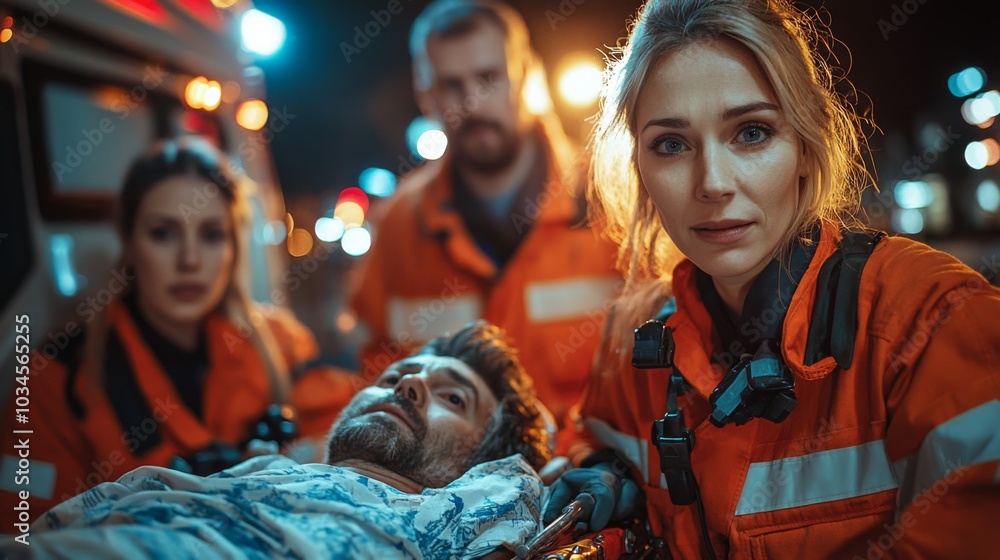 Obraz premium A group of emergency responders attends to a man on a stretcher, surrounded by ambulance lights in a busy urban environment during the night.