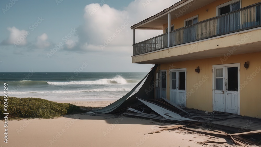 Severe storm damage to beach house near ocean, illustrating coastal destruction