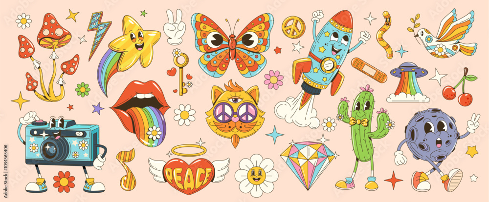 Fototapeta premium Cartoon retro hippie groovy characters. Funny daisy flower, psychedelic mushroom and rainbow butterfly vector personages. Cute cat with hippy peace symbol sunglasses, vintage camera, rocket and heart
