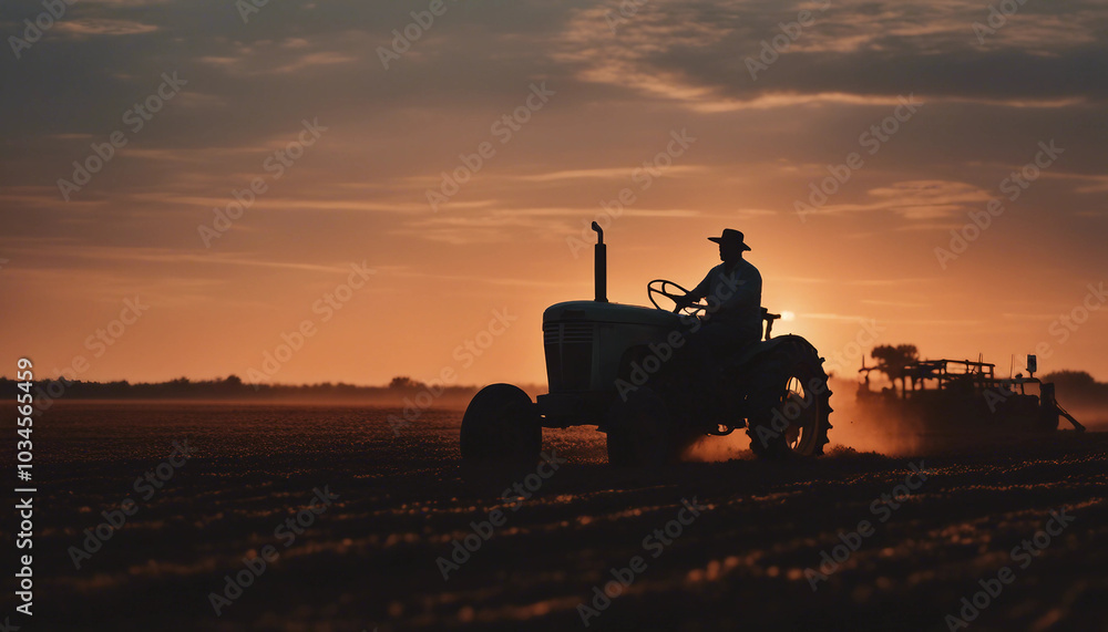 Fototapeta premium silhouette of farmer on tractor fixed with harrow plowing agriculture field soil during dusk