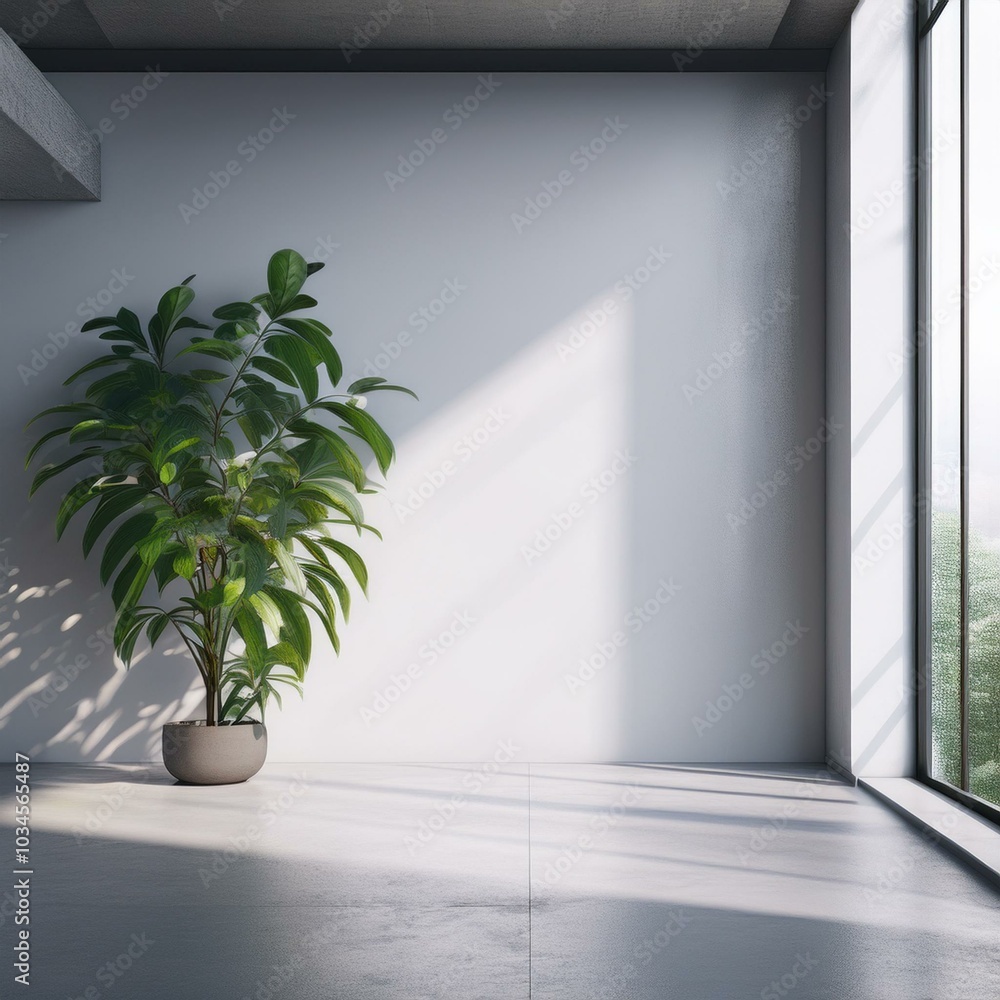 Front view on green plant on concrete floor on blank white backlit wall with place for your advertising poster background in stylish sunlit office. 3D rendering, mock up Front view on green plant on concrete floor on blank white backlit wall with place for your advertising poster background in stylish sunlit office. 3D rendering, mock up