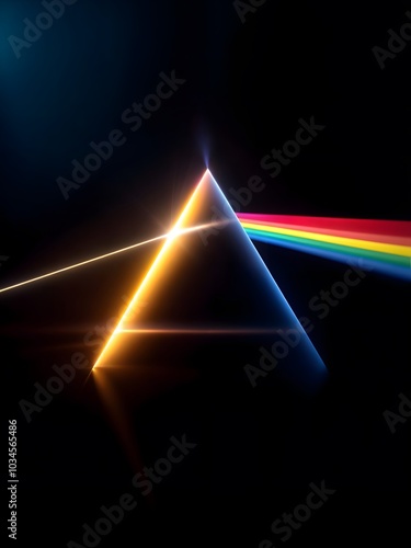 A prism with a ray of light passing through one side and the light breaking down into the colors of the rainbow.