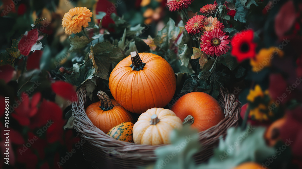 A vibrant Thanksgiving pumpkins surrounded by colorful fruits, flowers, vegetables, and autumn leaves. Concept celebrating the harvest season. A vibrant Thanksgiving pumpkins surrounded by colorful fruits, flowers, vegetables, and autumn leaves. Concept celebrating the harvest season.