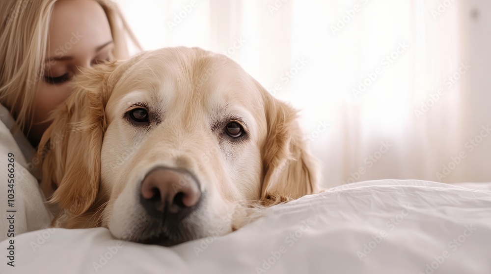 A serene moment featuring a golden retriever resting on a bed, with a woman gently leaning nearby, capturing a warm bond between them. A serene moment featuring a golden retriever resting on a bed, with a woman gently leaning nearby, capturing a warm bond between them.
