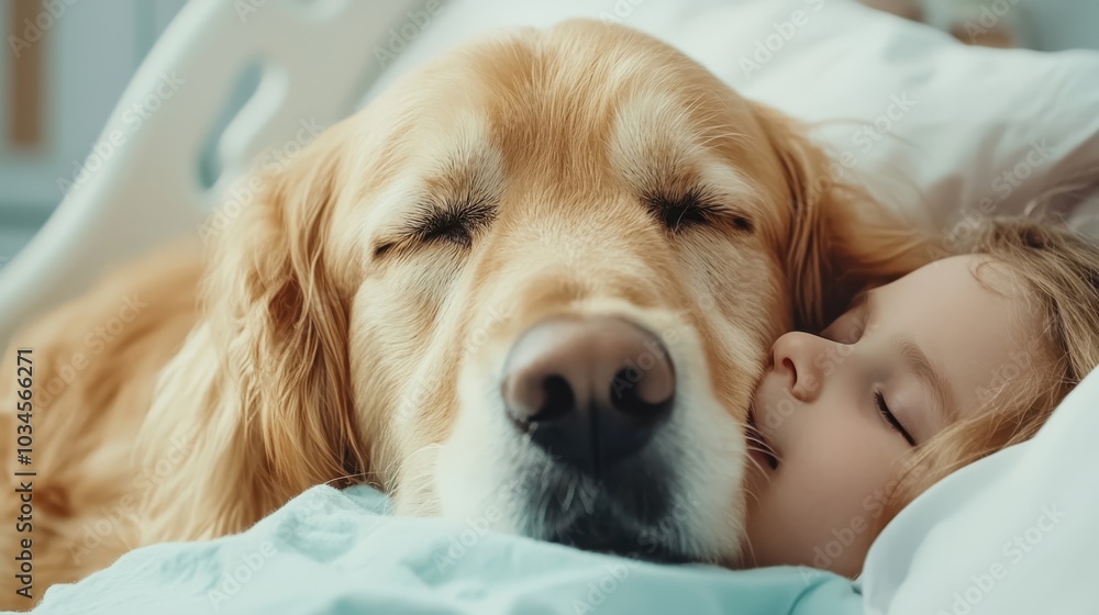 A peaceful scene of a child sleeping closely with a large golden retriever, highlighting their bond and warmth. A peaceful scene of a child sleeping closely with a large golden retriever, highlighting their bond and warmth.
