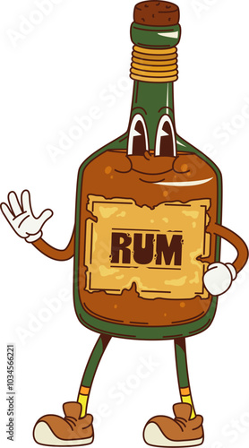 Cartoon retro groovy rum bottle character with funky freaky face, vector comic alcohol drink. Groovy retro cartoon rum bottle with cork and happy smile or Hello Hi gesture for positive vibe emoji
