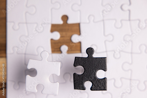 Conceptual image using a blank puzzle and a white and black puzzle piece that both fit the missing hole.