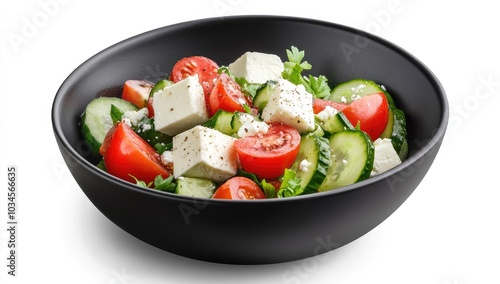 A fresh salad with tomatoes, cucumbers, and feta cheese in a black bowl.