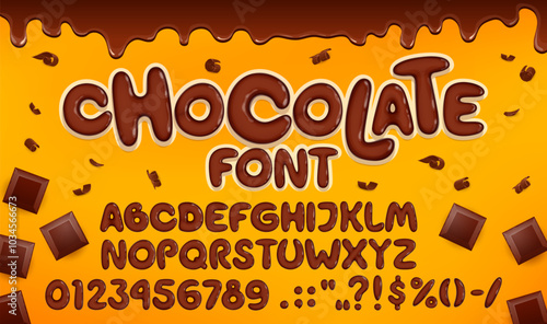 Candy type, chocolate font, brown choco typeface, tasty english alphabet letters and numbers made of melted dark chocolate dessert. Vector typography font with cocoa candy bars and choco curls