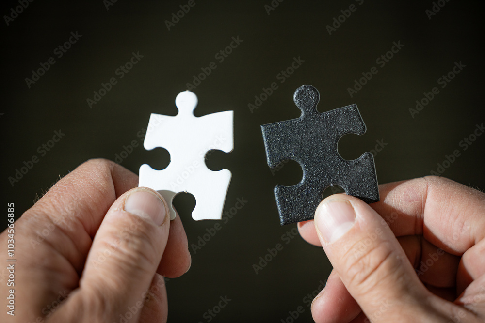 A hand holding two puzzle pieces, one white and one black both pieces have the same shape. The choice is a difficult concept. A hand holding two puzzle pieces, one white and one black both pieces have the same shape. The choice is a difficult concept.