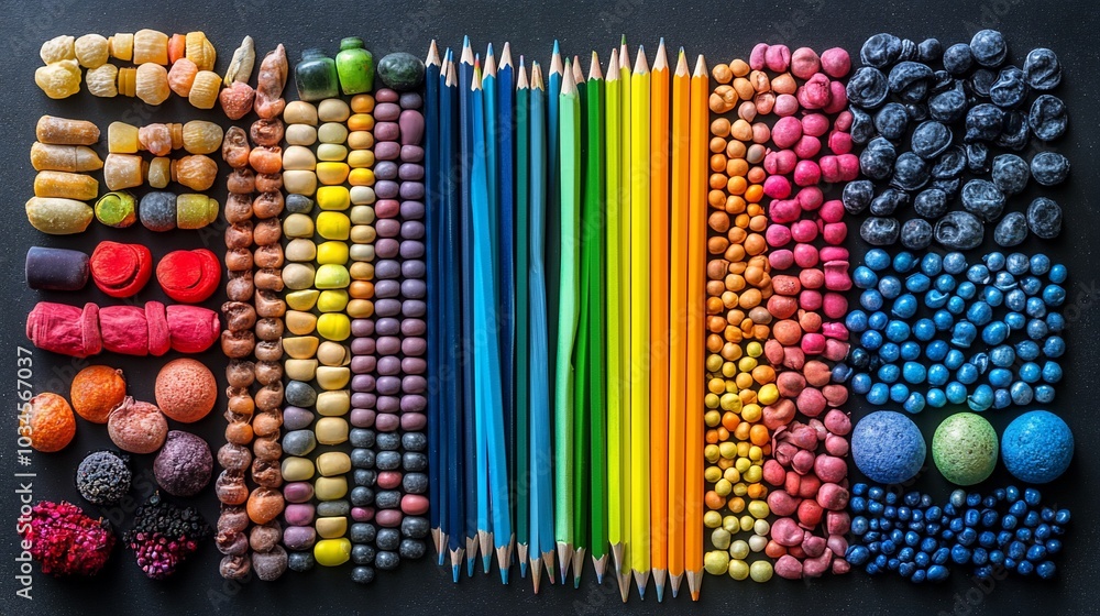 A rainbow arrangement of colorful objects and pencils on a black background. A rainbow arrangement of colorful objects and pencils on a black background.