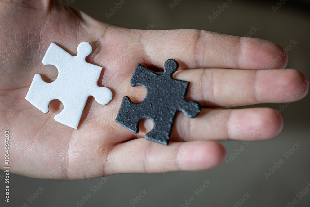 A hand holding two puzzle pieces, one white and one black both pieces have the same shape. The choice is a difficult concept. A hand holding two puzzle pieces, one white and one black both pieces have the same shape. The choice is a difficult concept.