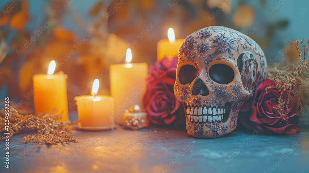 This serene centerpiece features a minimalistic sugar skull surrounded by soft candlelight and roses ideal for enhancing a festive or reflective atmosphere at gatherings This serene centerpiece features a minimalistic sugar skull surrounded by soft candlelight and roses ideal for enhancing a festive or reflective atmosphere at gatherings