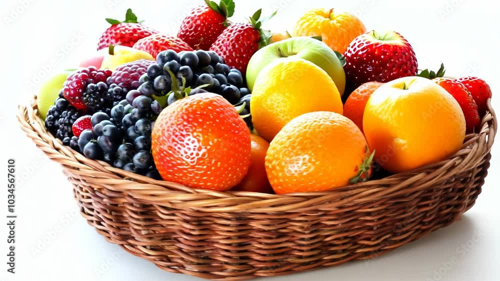 Many different fresh fruits in wicker basket isolated on white Video Many different fresh fruits in wicker basket isolated on white Video