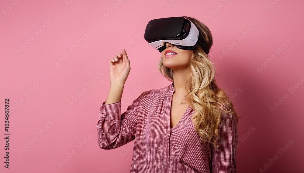 Woman with VR glasses on pink background Woman with VR glasses on pink background