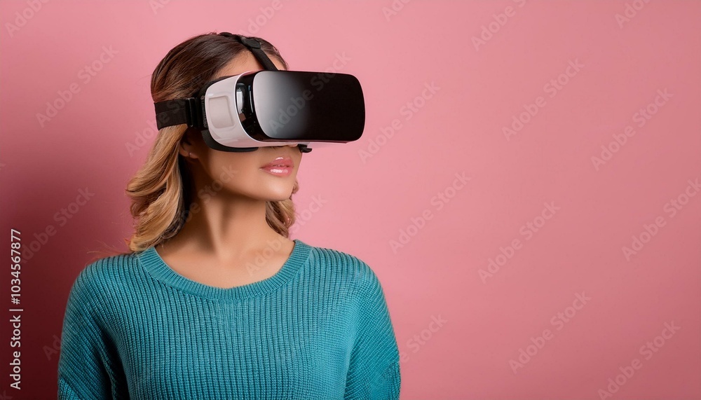 Woman with VR glasses on pink background. Woman with VR glasses on pink background.