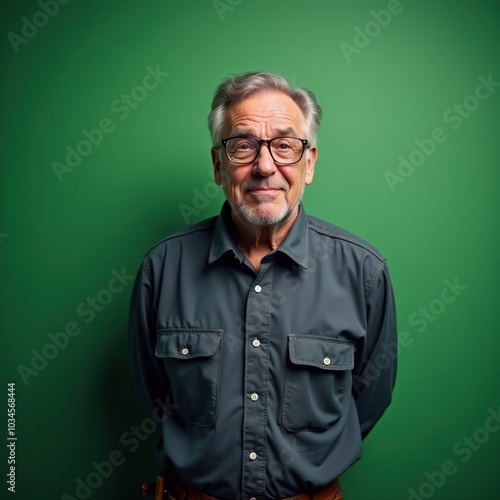 Mature male with glasses and gray hair against a green background.