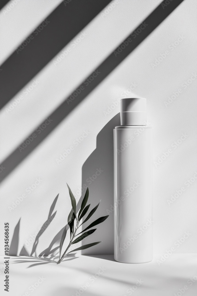 A close-up of a skincare product in white bottle in the studio on a white background with olive tree branch A close-up of a skincare product in white bottle in the studio on a white background with olive tree branch