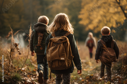 School field trip to the forest, class excursion in nature in autumn, children exploring autumn forest
