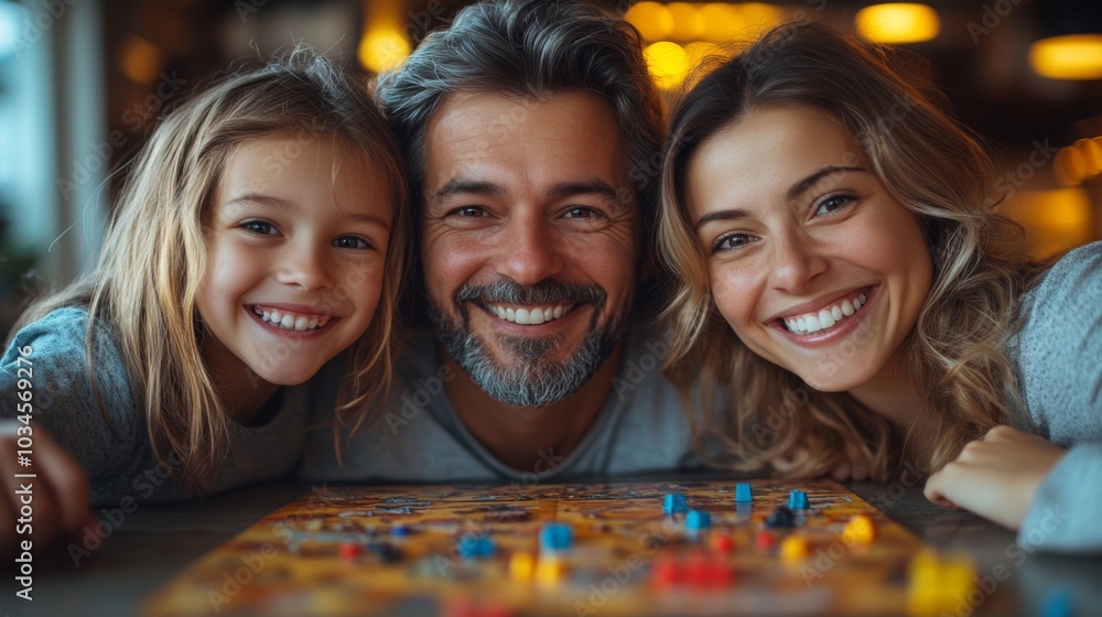 Fototapeta premium A family of three shares a joyful moment while playing a board game in their cozy living room, surrounded by warm lighting and smiles.