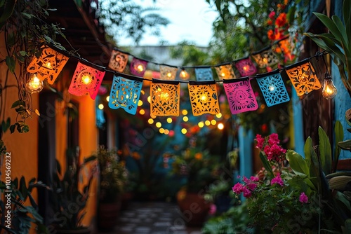 String lights illuminate paper lanterns. This festive setting is perfect for a party or celebration.