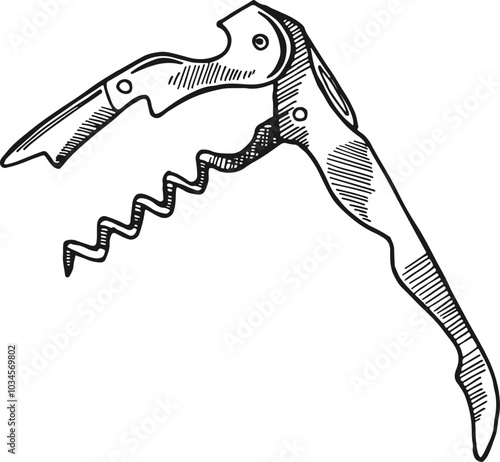 Metal corkscrew sketch. Wine bottle opener drawing
