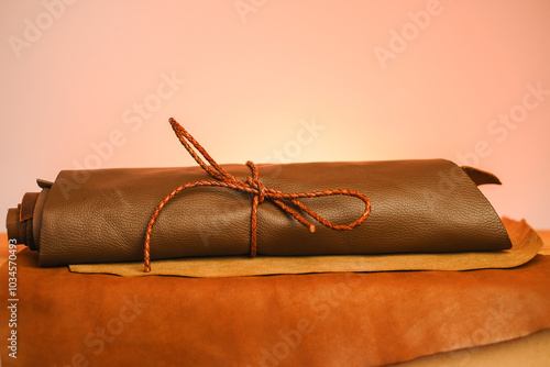 Schilderij op canvas leather pieces against a softly pink background