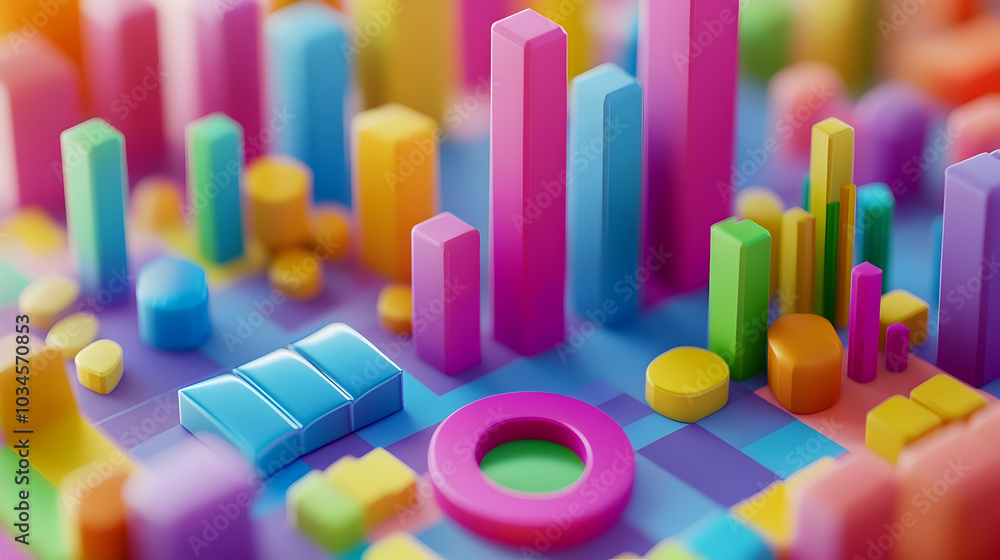 3D cartoon illustration of colorful charts and graphs representing data trends 3D cartoon illustration of colorful charts and graphs representing data trends