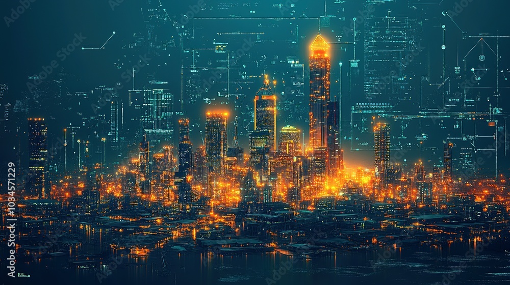 Fototapeta premium Futuristic Cityscape with Digital Overlays