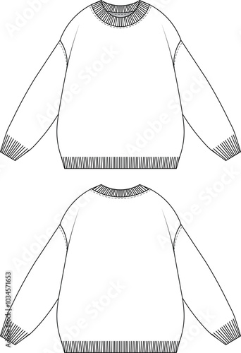 ribbed round neck crew neck cuff hem drop shoulder long sleeve slouchy loose oversize sweater template technical drawing flat sketch cad mockup fashion man men unisex woman design style model 
