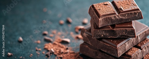 Stack of Dark Chocolate Pieces with Cocoa Powder on Dark Background