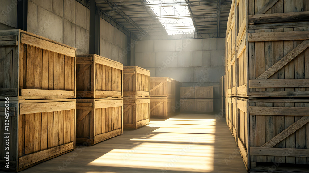 3D cartoon illustration of old wooden crates stacked in a dusty warehouse 3D cartoon illustration of old wooden crates stacked in a dusty warehouse
